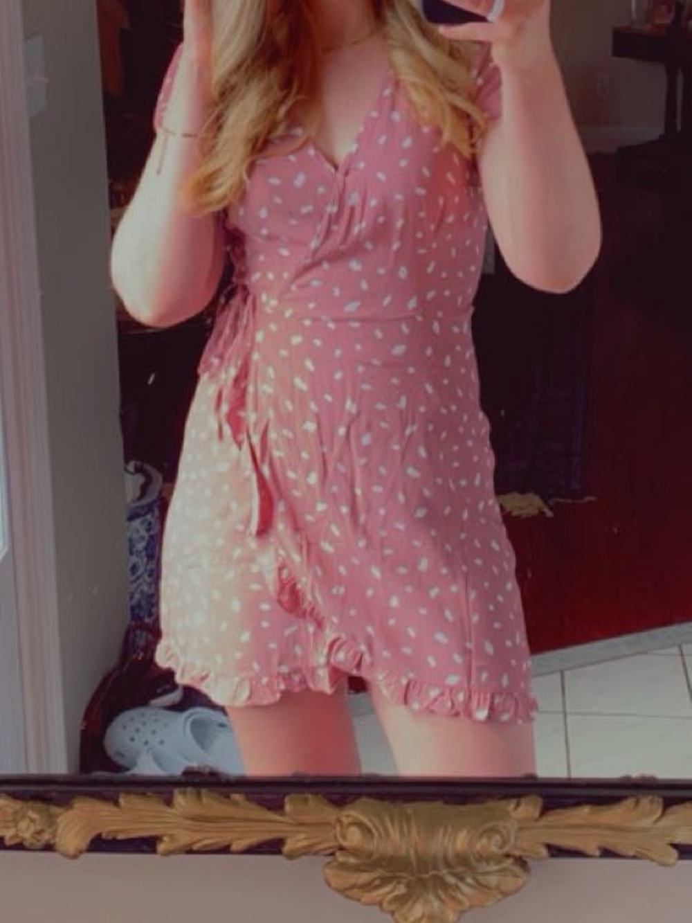 Abercrombie and Fitch Mauve Polka Dot Wrap Dress with Tie Waist